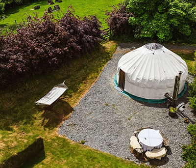 Arial view of Little Links Yurt at Borough Farm